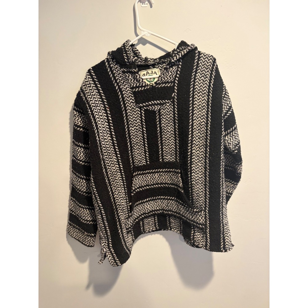 Baja Joe Mens Black White Striped Woven Drug Rug Hoodie Mexican Jerga Small